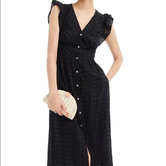 J CREW RUFFLE SLEEVE EYELET BLACK MIDI DRESS